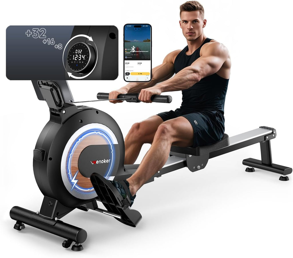 Wenoker Magnetic Rower Machine - App-Supported, 350 LB Capacity | Smooth & Quiet with LCD Monitor