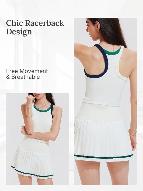 Tennis Skirt Set for Women 2 Piece Racerback Tank Top Golf Dress Activewear for Outfit Pickleball Athletic Workout Cream White