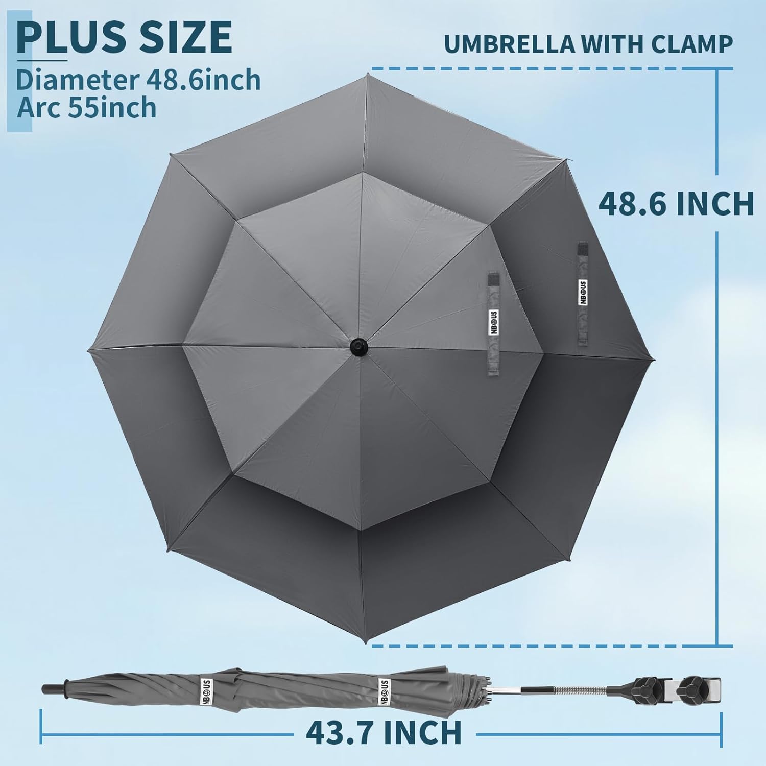 Skiennix Double Canopy Umbrella - 48.6" UPF50+ Beach Chair Umbrella with Clamp | 360° Adjustable for Outdoor Use