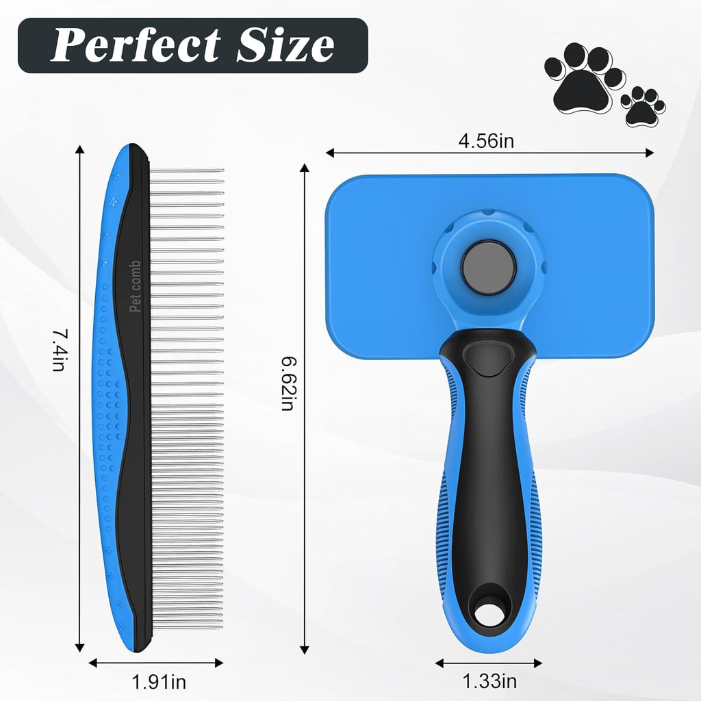Skiennix Self-Cleaning Slicker Brush & Dog Comb - Gentle Deshedding Tool for Dogs, Cats & Small Pets (Blue)