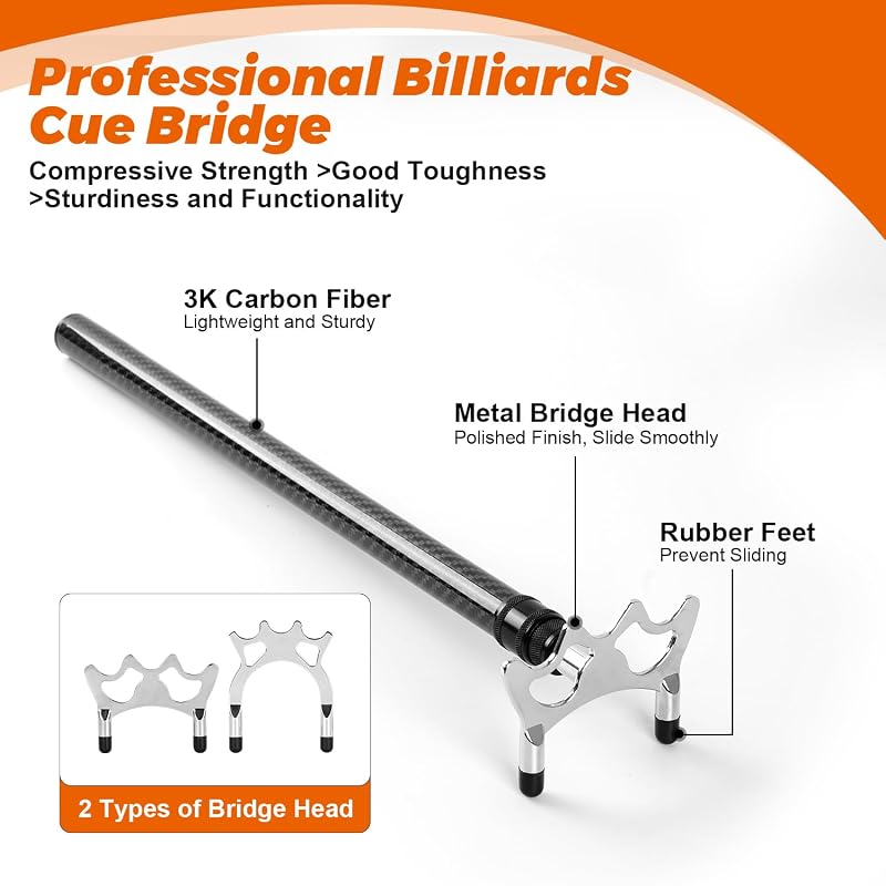 Carbon Fiber Pool Bridge Stick with Removable Metal Heads - Retractable 17in-55.5in