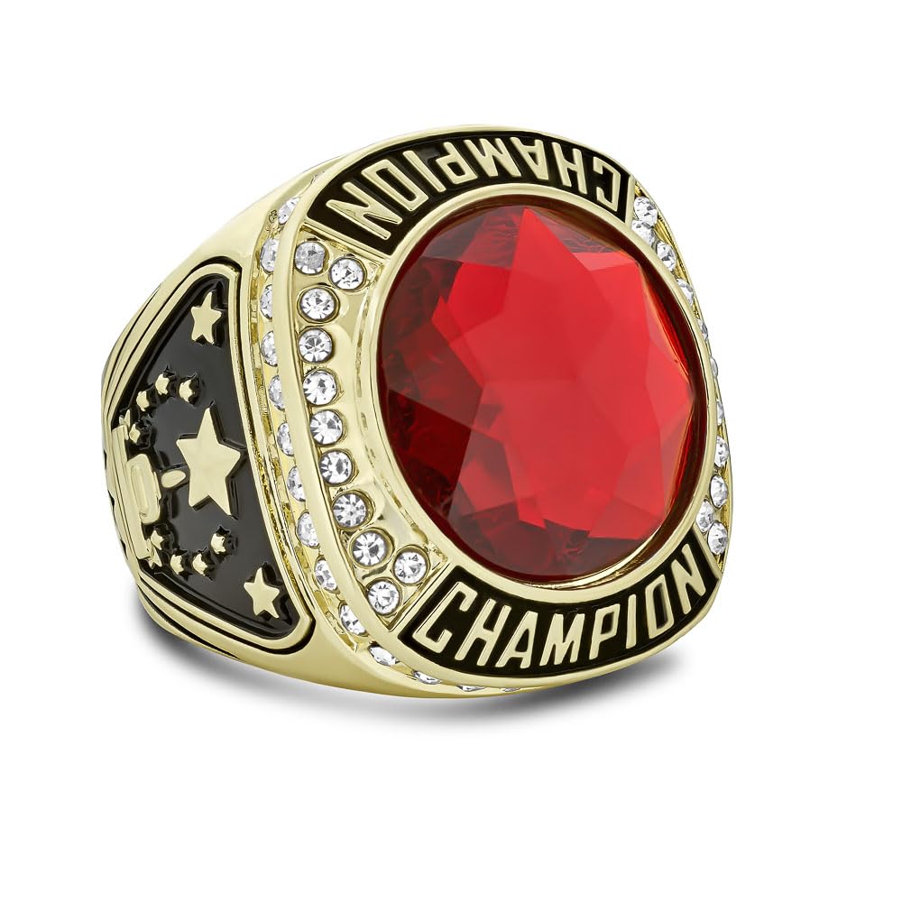 Express Medals Champion Gold Color Trophy Ring with Crimson Red Synthetic Center Stone Award Gift Fantasy Prize with Display Neck Chain and Stand Championship Rings
