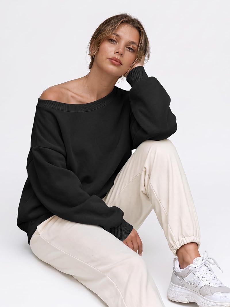 Off Shoulder Oversized Sweatshirt - Trendy Queen Black, Medium