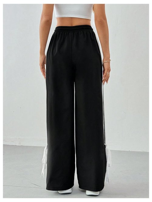 BEAUDRM Girl's Bow Track Pants Striped Sweatpants Baggy Wide Leg Parachute Pants for Joggers Hip Hop Dance Black 10 Years