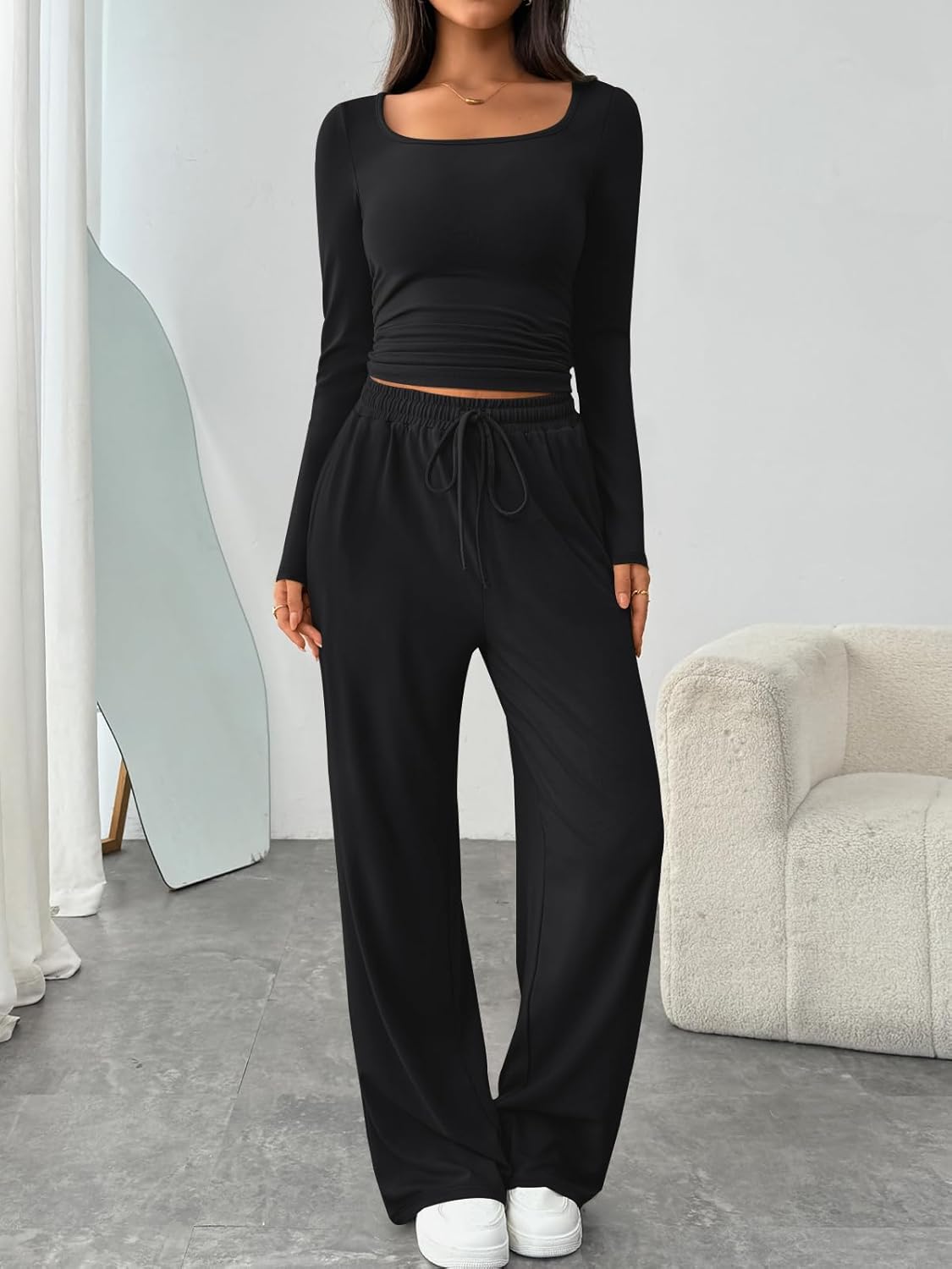 Trendy Queen 2 Piece Lounge Set - Scoop Neck Top & Wide Leg Pants with Pockets | Stylish & Comfortable