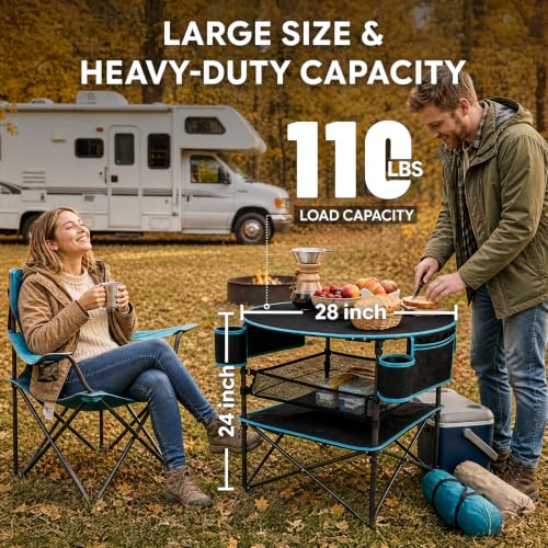 FUNDANGO Foldable Camping Table with Removable Mesh Shelf & 4 Cup Holders - Black