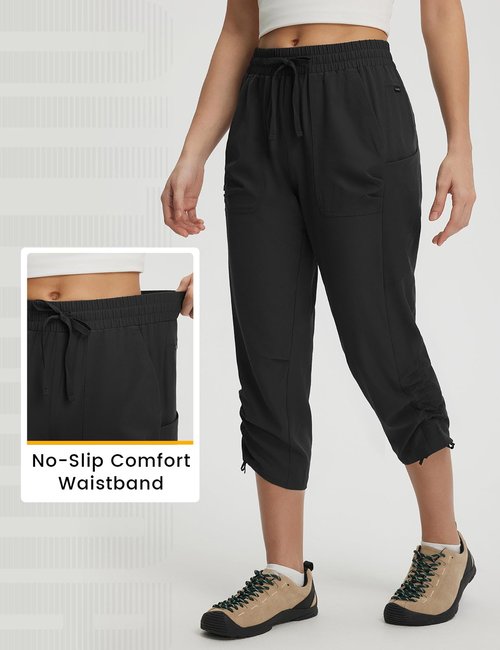 baleaf Women's Capri Pants with Zipper Pockets Lightweight Quick Dry Water Resistant Hiking Travel Capris Pants Elastic Waist Summer Black XL