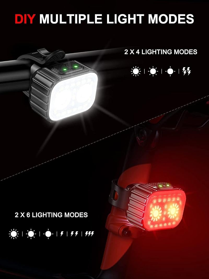 Bike Lights Set 2 LED Front & Rear, Rechargeable, IPX6 Waterproof, Multiple Modes - 2 Led*2