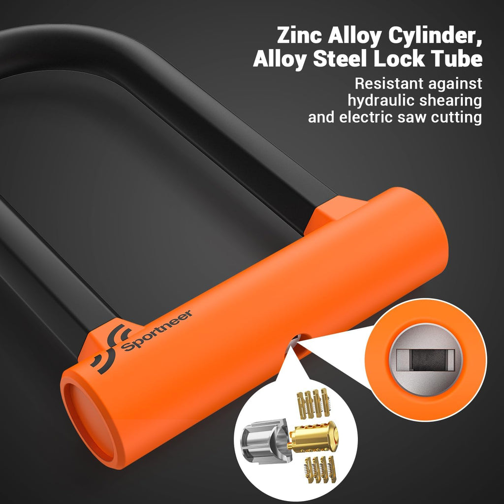 Sportneer Bike U Lock - Heavy-Duty Anti-Theft Lock with 5ft Steel Cable & 17mm Shackle | Orange