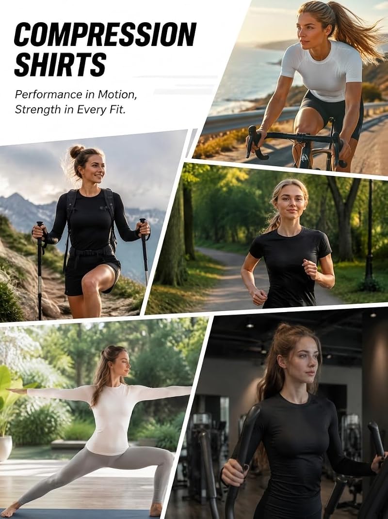 TELALEO Long Sleeve/Short Sleeve Compression Shirt for Women - 4 Pack Black, Medium
