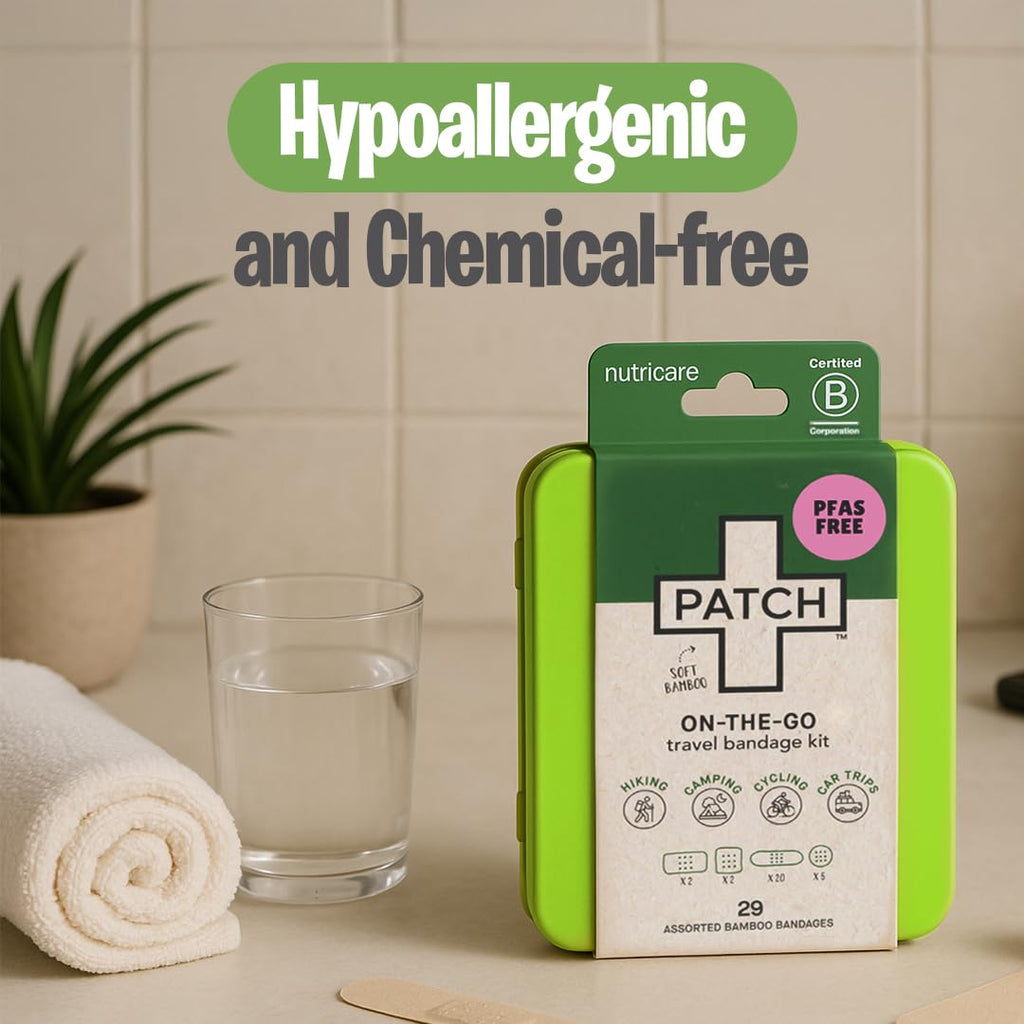 PATCH On-The-Go Natural Bamboo Adhesive Bandage Travel Kit for Sensitive Skin, Eco-Friendly Hypoallergenic Bandages, 29 ct