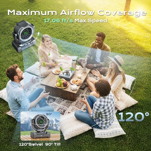 Rechargeable Camping Fan with LED Lantern, 120° Oscillation, Power Bank
