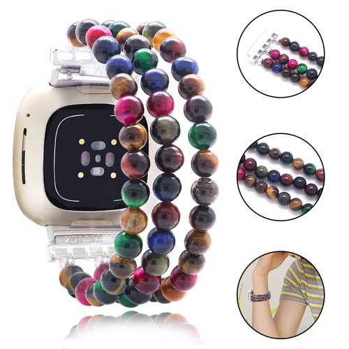 C&L Accessories Bands Compatible with Fitbit Versa 3 Bands/Fitbit Sense Bands for Women Men Beaded Gemstone Replacement Wristband Strap for Versa 3/Sense Smartwatch (Dark Rainbow Tiger Eye)