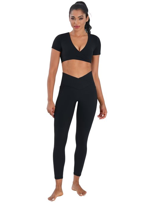 Sunzel Butt Lifting Scrunch Leggings for Women with Pockets No Front Seam Crossover Workout Booty Yoga Pants Tummy Control 25" Inseam Black Small