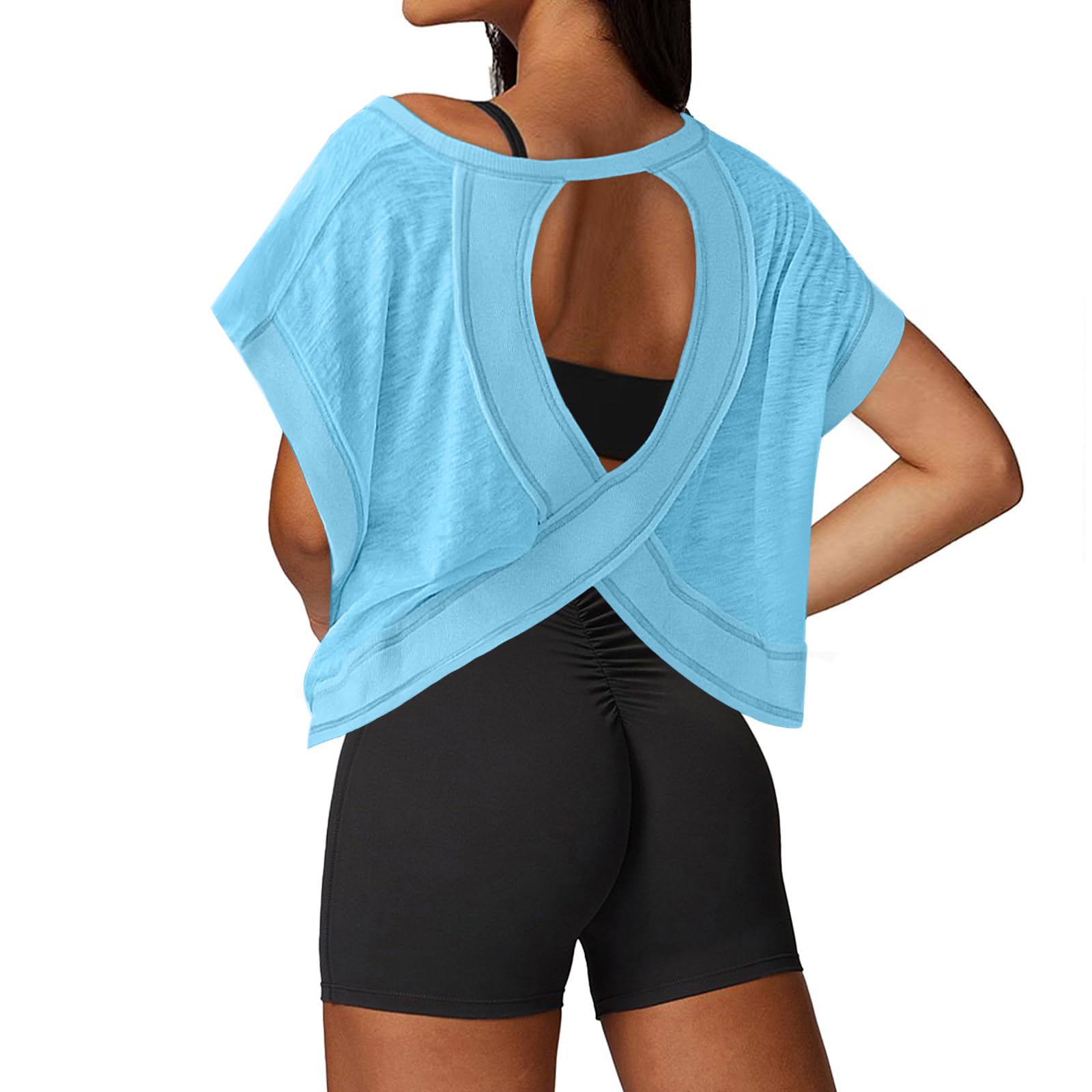 UNIANKIYA Open Back Workout Tops for Women Loose Fit Athletic Crop Tee Short Sleeve Gym Running Yoga Shirt Mint Blue