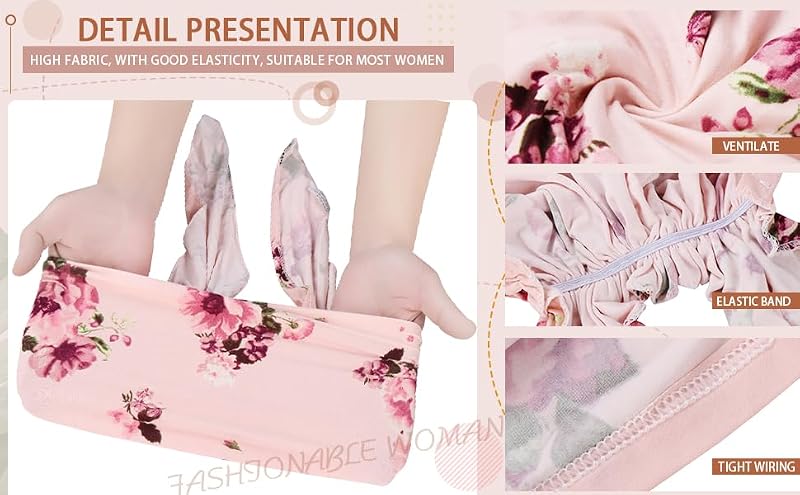 Women Floral Print Tie Back Beanies Turban for Cancer Hair Loss - Light Pink Leaves