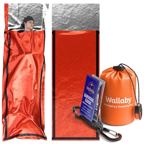 Wallaby 2-Pack Emergency Mylar Sleeping Bags with Nylon Pouches, Whistle Pull & Paracord with Carabiners, Free Survival Guide (Orange)