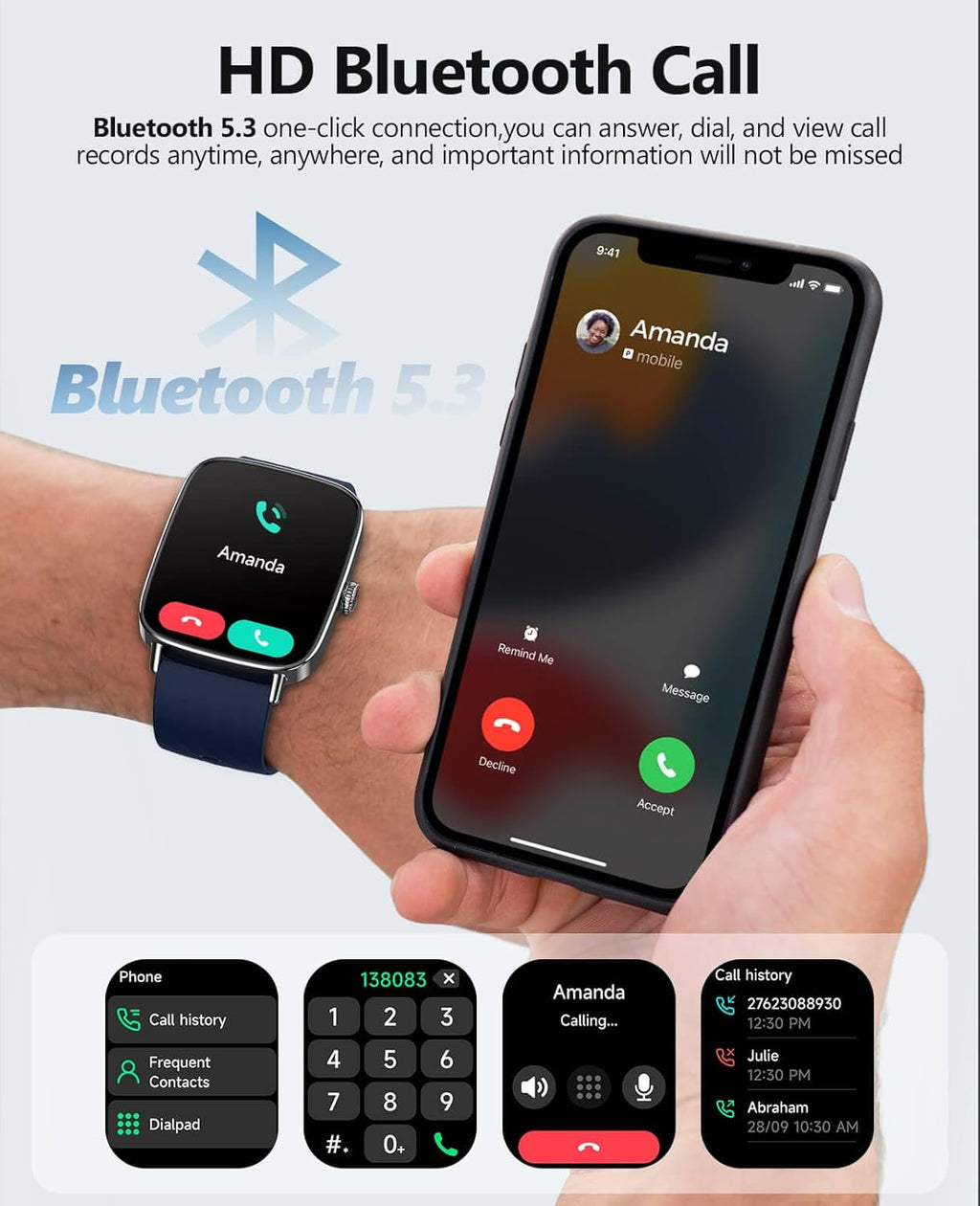 SOUYIE Smartwatch - 1.85" AI Voice Tracker with 24/7 Heart Rate Monitor & IP68 Waterproof | Blue