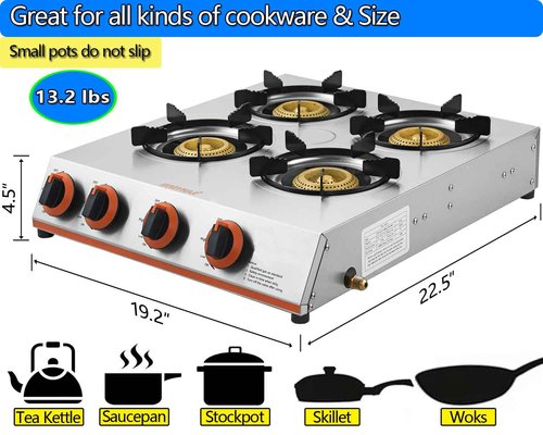 Horynar Propane Stove 4 Burner,Gas Stove Auto Ignition, 41,000 BTU Propane Burner Thickened Stainless Steel,Very Sturdy, Easy to Clean, LPG for Outdoor Cooking, RV, Emergency