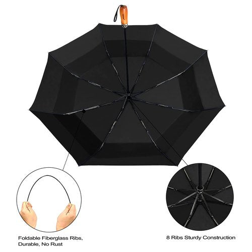 Lejorain 54inch Large Umbrella Auto Open Close with Folding Golf Size and 210T Dupont Teflon Coated Vented Windproof Double Canopy for Women Men&Black