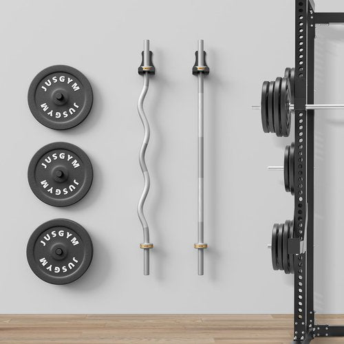 Jusgym Barbell Holder Wall Mount, Durable Olympic Barbell Hanger with Protective Pad, Space Saving Barbell Holder for Squat Rack, Home Gym and Garage, Holds Under 33mm Bar Size (2 Pieces)