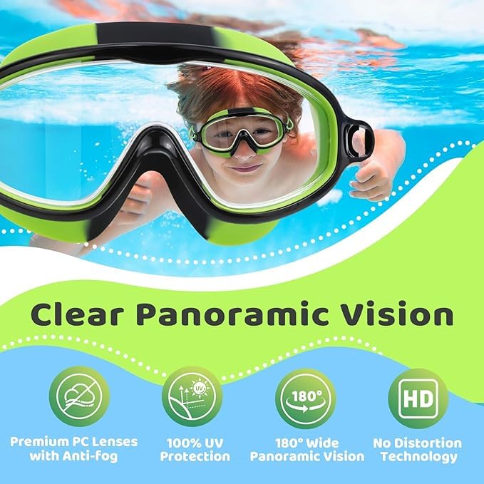 Kids Swim Goggles Black Green & Light Blue - Wide View Anti-Fog UV Protection