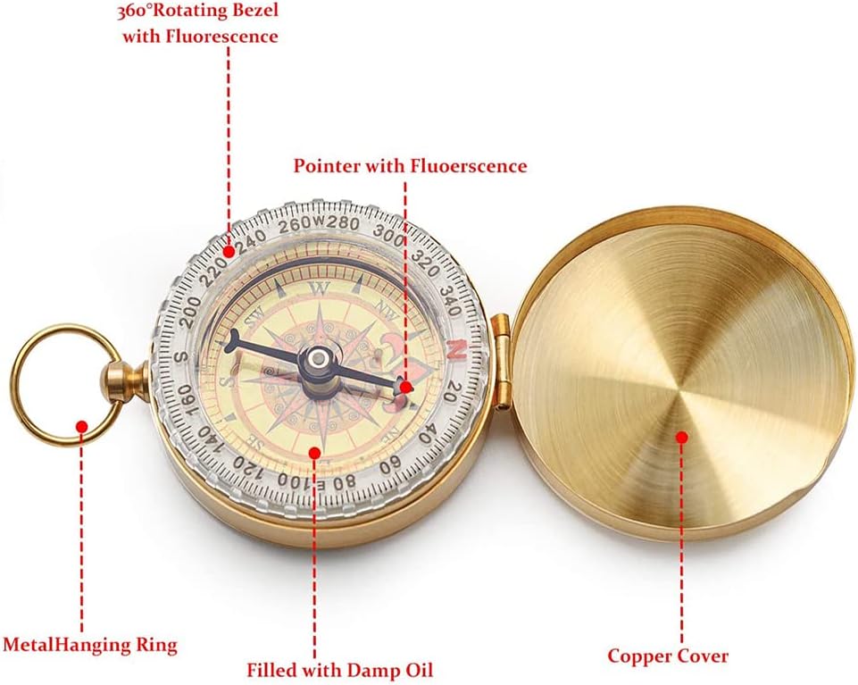 Skiennix Camping Survival Compass - Glow in The Dark Waterproof Pocket Tool for Hiking & Outdoor Navigation (Golden)