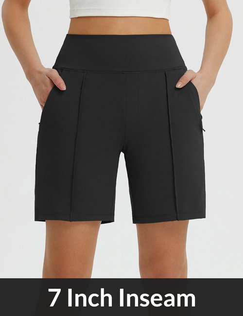 baleaf Women's 7 Inch Bermuda Long Shorts with Zipper Pockets High Waisted Athletic Shorts Walking Dressy Casual Loose Black L