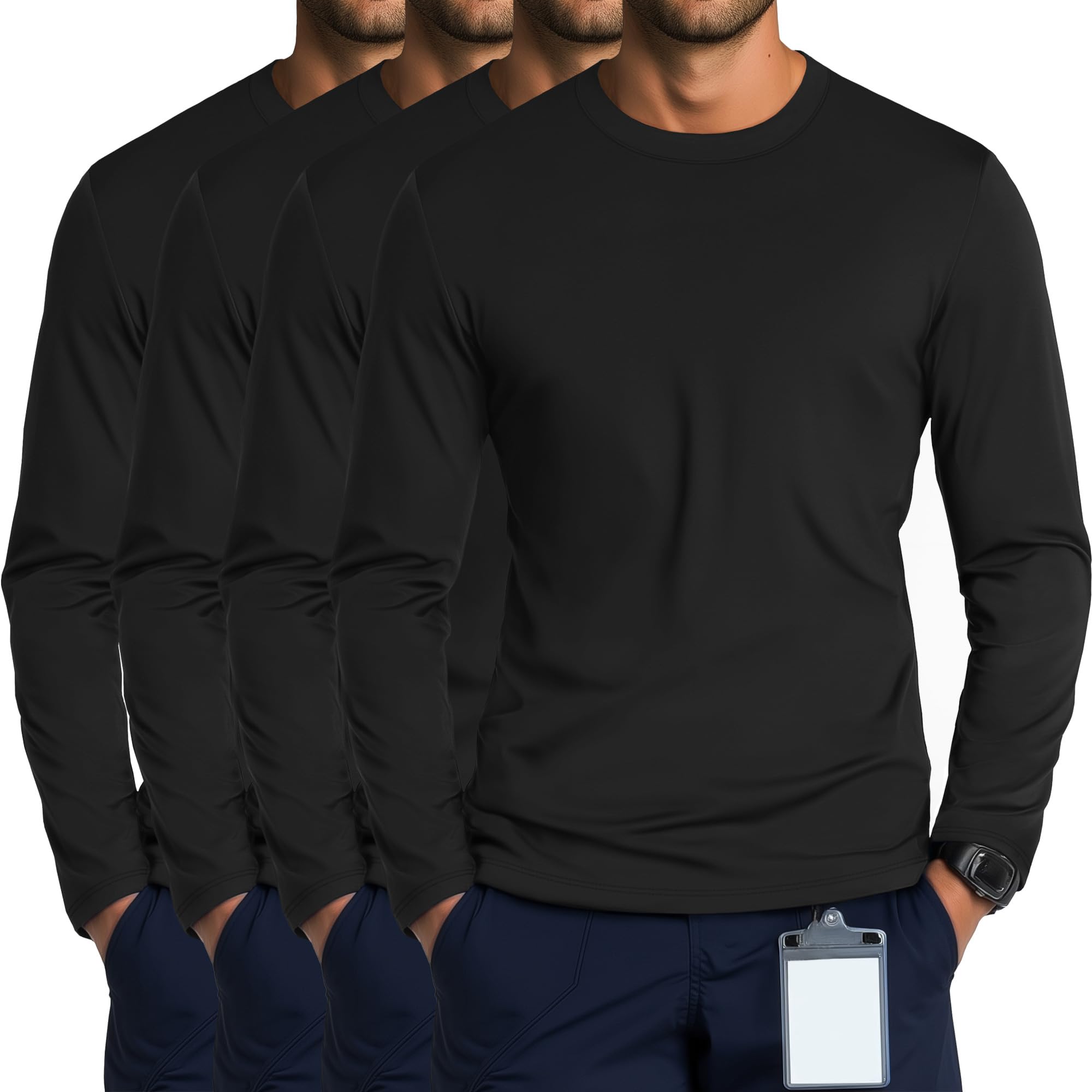 August Alley 4 Pack Men's Long Sleeve Underscrub Shirts Nurse Crewneck Work Tops Stretchy Laying Undershirts Basic Tee(Black,Large)