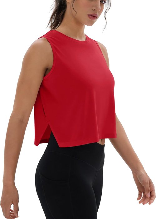 MAGCOMSEN Women's Crop Tank Top - Sleeveless Workout Gym Top with Side Slits for Comfort & Style
