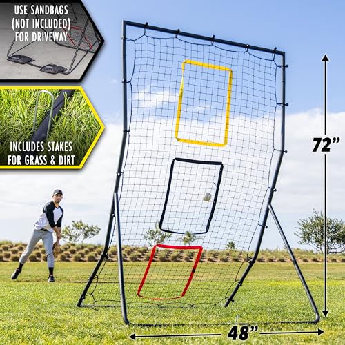 Baseball & Softball Rebounder Net for Pitching and Fielding Practice - 6x4 ft with 3 Target Zones