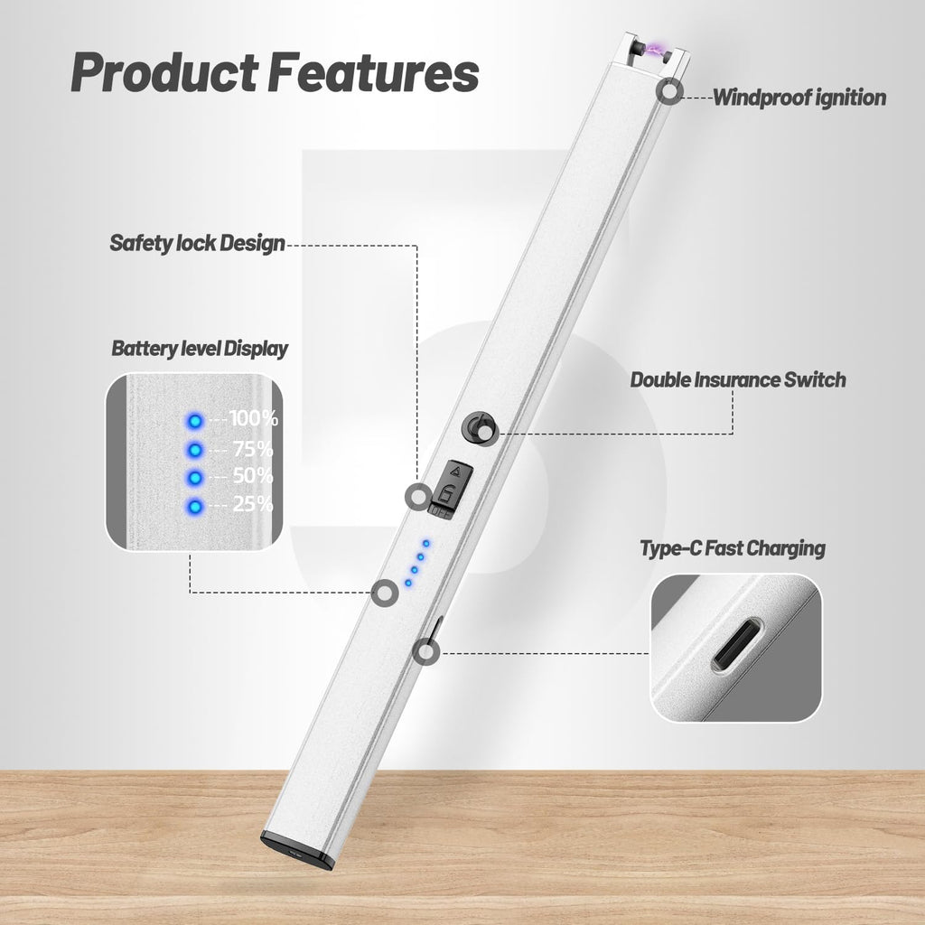 VEHHE Plasma Lighter - Rechargeable USB Type C Electric Lighter with LED Display | Windproof & Long-Lasting - Silver