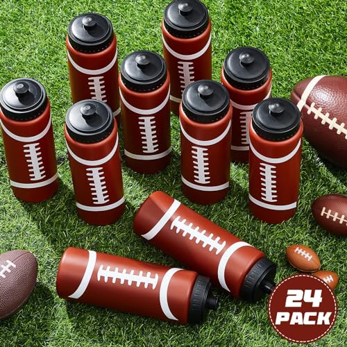 Football Water Bottles Bulk 24 Pack - 20 oz Reusable Sports Squeeze Bottles - Team & Party Favors