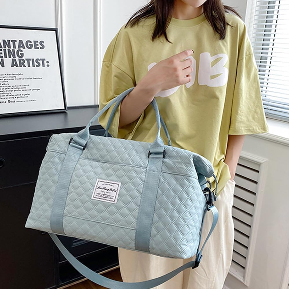Skiennix Quilted Travel Bag - Stylish Overnight Gym Tote | Blue Duffel for Women