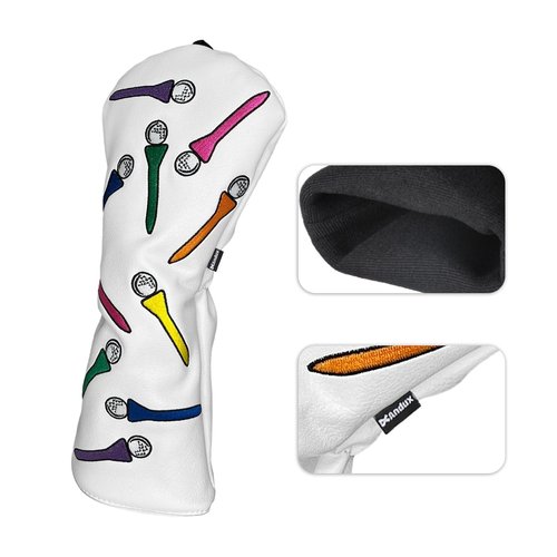 Andux 3pcs/Set Tee Pattern PU Golf Wood Club Head Covers 460cc Driver Covers with Long Neck White