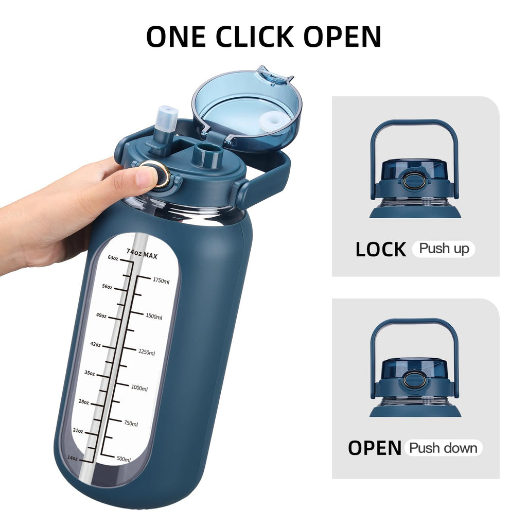 chunmo 74 oz Glass Water Bolttles with Straw Large Motivational Water Bottle with Time Marker Sports Water Bottles with Silicone Sleeve and Handle Lid 2.2L Water Jug for Gym Workout