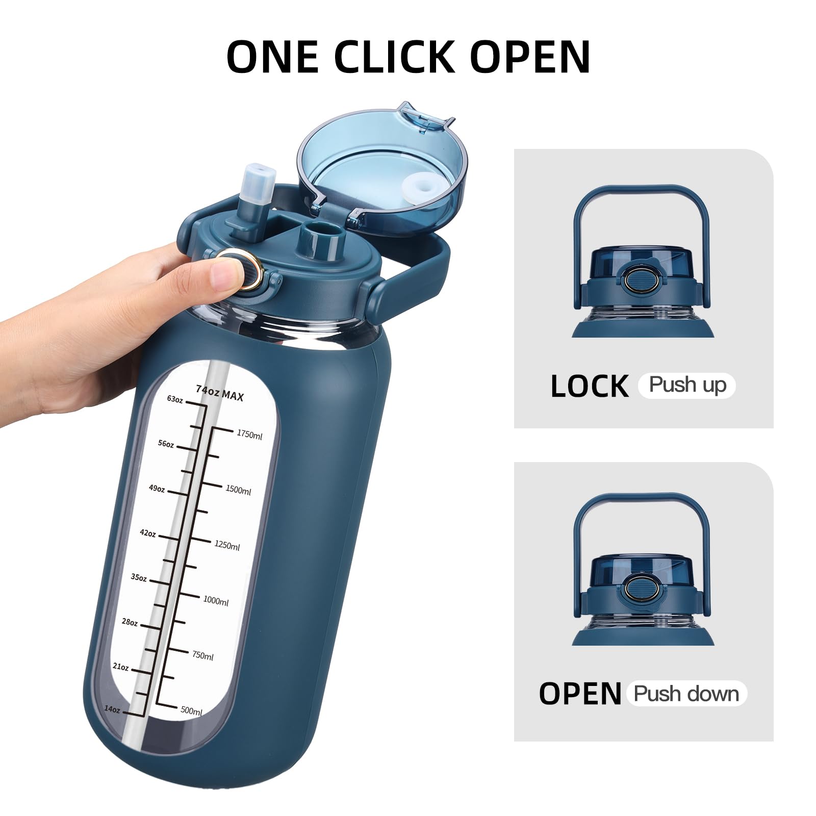 chunmo 74 oz Glass Water Bolttles with Straw Large Motivational Water Bottle with Time Marker Sports Water Bottles with Silicone Sleeve and Handle Lid 2.2L Water Jug for Gym Workout