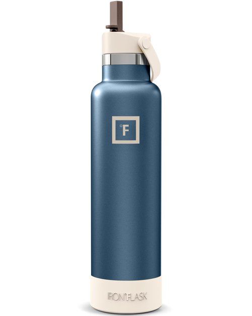 IRON °FLASK Camping & Hiking Hydration Flask with Straw, Narrow Mouth Insulated Stainless Steel Sports Water Bottle - Desert Oasis 24 oz - Straw (1 Lid)
