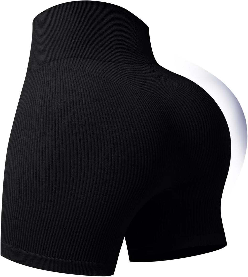 Skiennix Women's Ribbed Seamless Biker Shorts - High Waist Tummy Control Yoga Shorts for Fitness