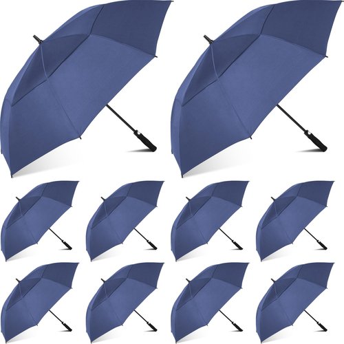 Jexine 10 Pcs Large Automatic Open Golf Umbrella 62 Inch Double Canopy Rain Umbrella Windproof Waterproof Heavy Duty for Men Women Family Travel Sports (Dark Blue)