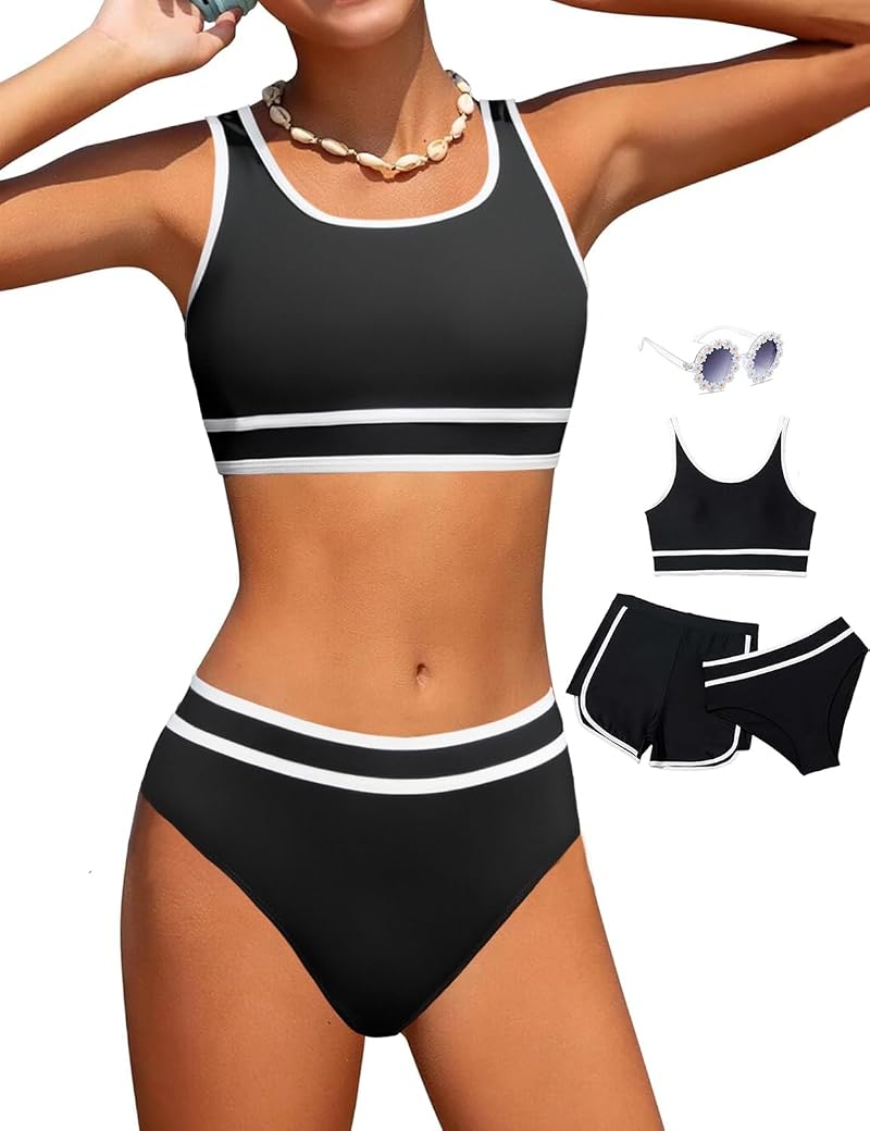 Girls 3-Piece Bathing Suit Set with Shorts & Daisy Sunglasses - Black, 12-13 Years (Magwei)