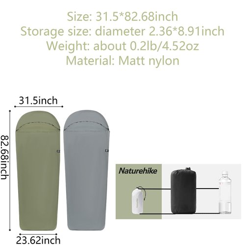 Naturehike Sleeping Bag Liner Ultra-Light 4.51oz - Adult Sleep Sack & Travel Sleep Sack Travel Sheets & Camping Sheet for Backpacking, Hotel, Hostels, Comfy & Easy Care, Full-Length (Hiking Green)