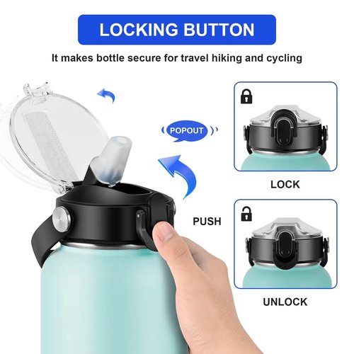 HYDROWION 2 Pack Auto Flip Straw Lid with Button Lock for Wide Mouth Water Bottle 12, 18, 24, 32, 40, 64oz, Great Lid for Hydro Flask, Takeya, Iron Flask,Black&Blue