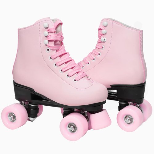 Wiwiy Roller Skates for Women Men, Leather High Top Double-Row Skates Pink, for Beginner Indoor Outdoor Roller Skates(Women's 8.5 / Men's 7.5)