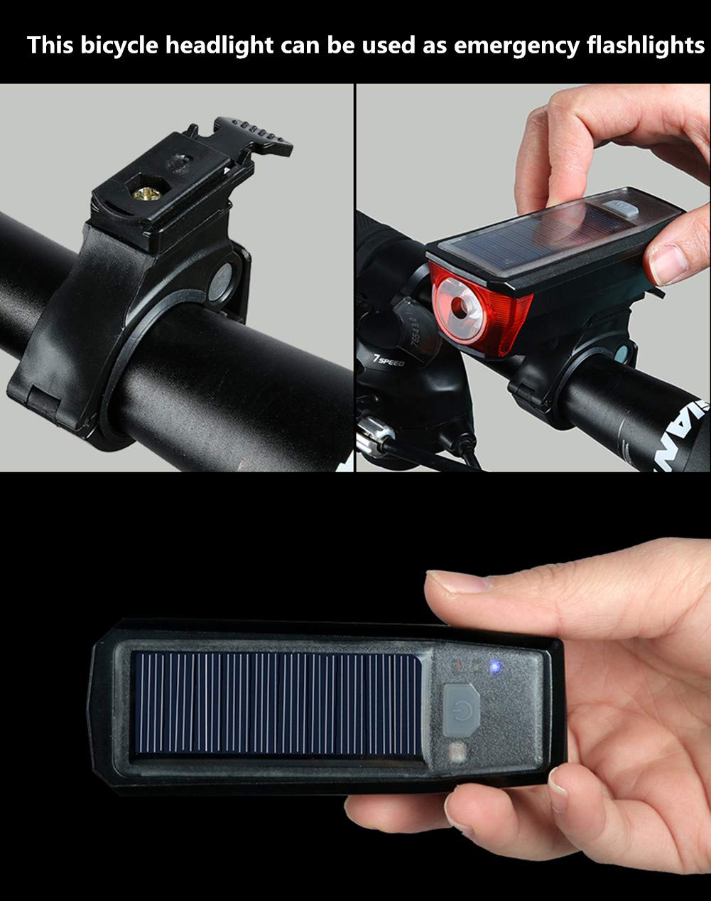 Ultra Bright Solar-Powered and USB Rechargeable Mountain Bike Front Lights 5 Modes 120db Bicycle Electric Bell Horn 350 Lumens 4 Mode Waterproof Bicycle Headlight, Road Cycling Safety Charging Lights
