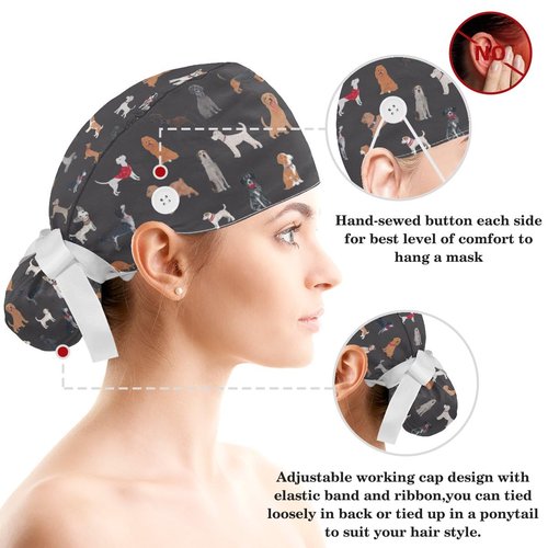 Scrub Caps Women, Surgical Caps with Buttons, Ponytail Nurse Hat, Bouffant Scrub Hats with Hair Scrunchy Adjustable Veterinary Surgery, Dogs Cartoon Animal Cute Vintage Lovely Grey