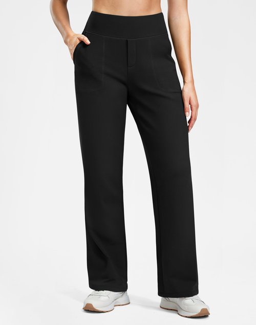 Soothfeel Fleece Lined Pants Women 29"/31"/33" High Waisted Wide Leg Sweatpants with Pocket Winter Warm Work Yoga Dress Pants Black Petite