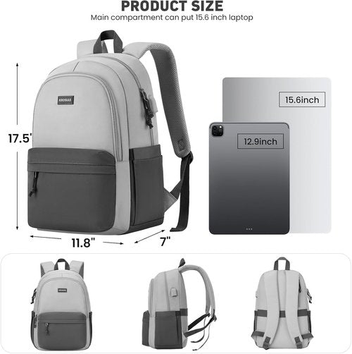 KROSIAS School Backpack - Cute 15.6 Inch Laptop Bag for Teens | Aesthetic Dark Grey & Light Grey Design