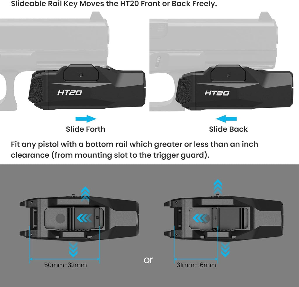 VOTATU HT20 Tactical Pistol Light - 1600 Lumens Adjustable Rail Keys for Compact & Full Size Guns | Rechargeable LED Flashlight