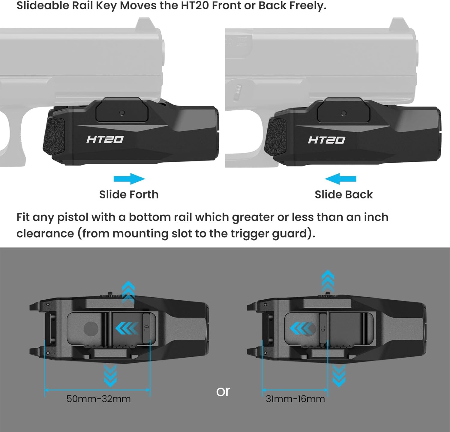 VOTATU HT20 Tactical Pistol Light - 1600 Lumens Adjustable Rail Keys for Compact & Full Size Guns | Rechargeable LED Flashlight